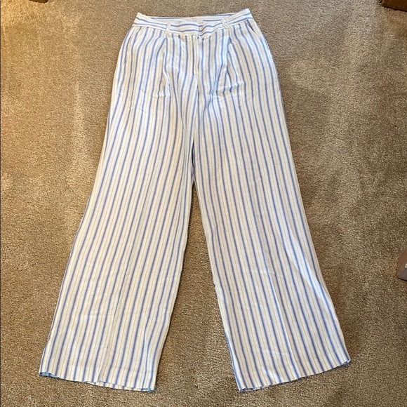 LOFT Peyton Trouser Pants Linen Blend White Blue Stripes Womens Sz 2 - Picture 1 of 10